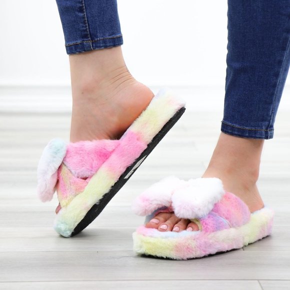 Bow Tie Furry Slip On Tie Dye Slippers - Picture 14 of 16